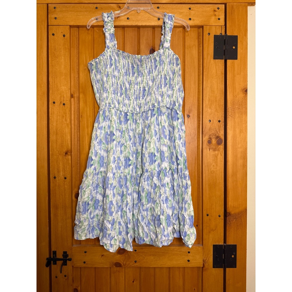 Arula Floral Smocked Tiered Mini Dress Blue Green Watercolor Sun Dress Pockets